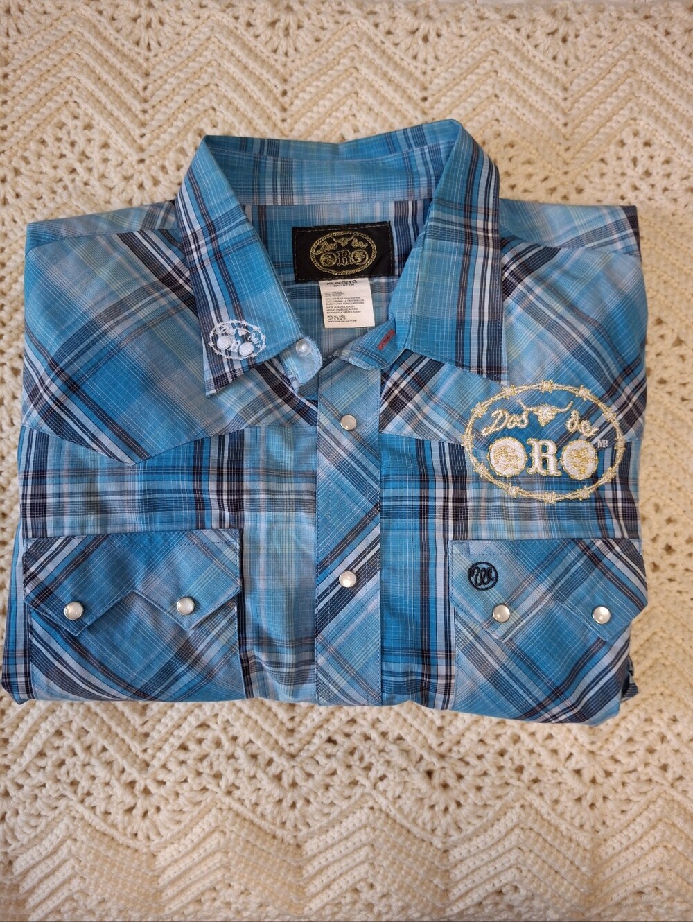 Dos de Oro Blue Plaid Pearl Snap Long Sleeve Rodeo Western Shirt Size XL
